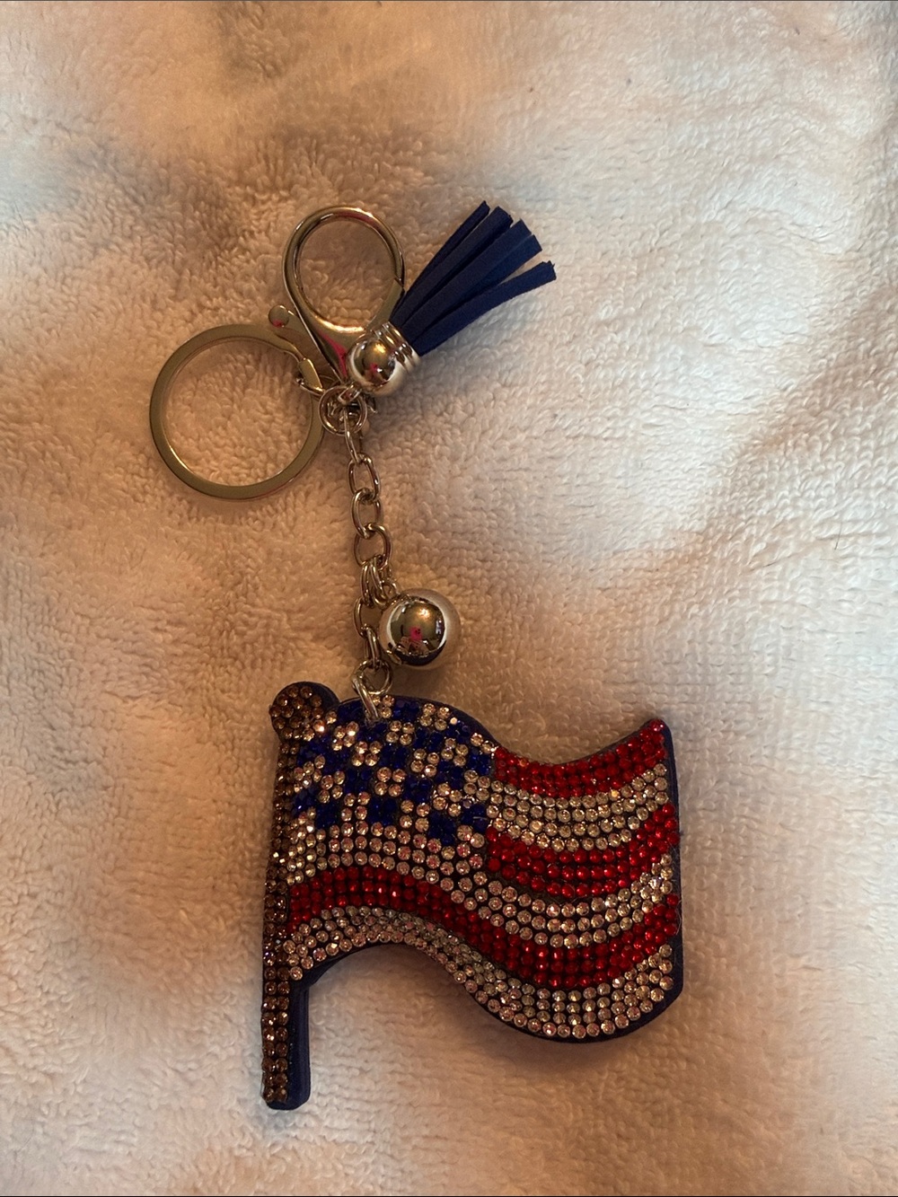 Rhinestone Flag Patriotic Crystal Flag Keychain with Blue Tassel Bag Chain USA